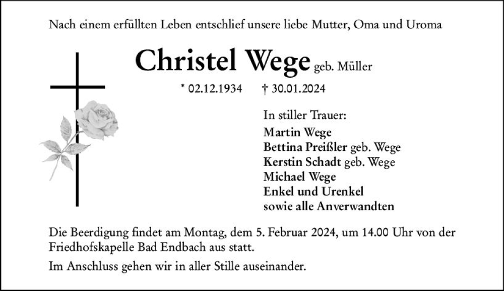  Traueranzeige für Christel Wege vom 02.02.2024 aus Hinterländer Anzeiger