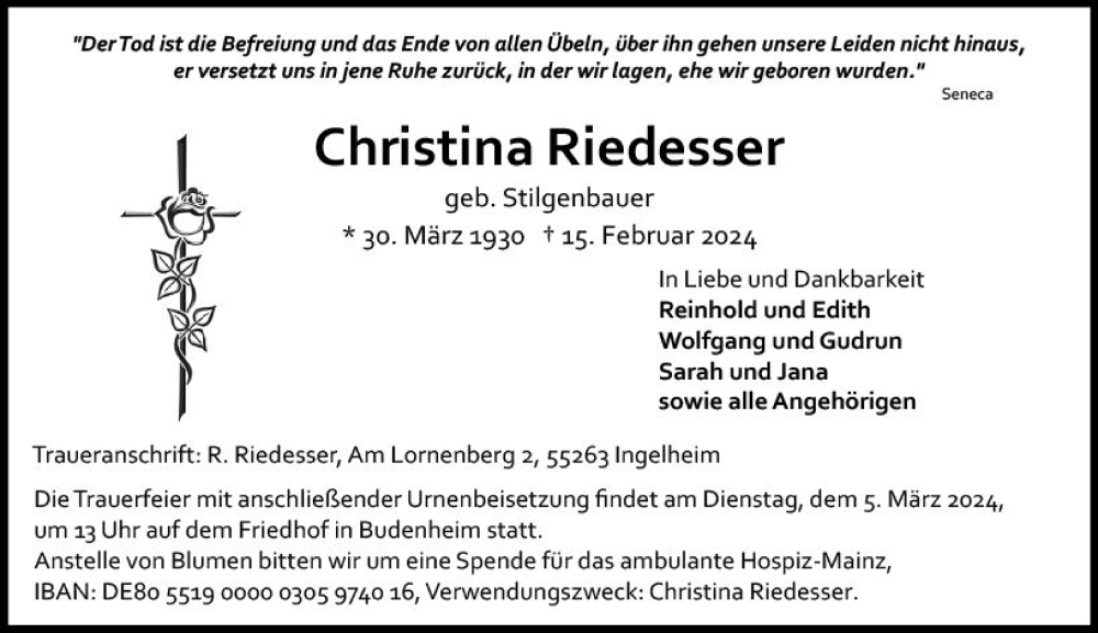  Traueranzeige für Christina Riedesser vom 24.02.2024 aus Allgemeine Zeitung Mainz