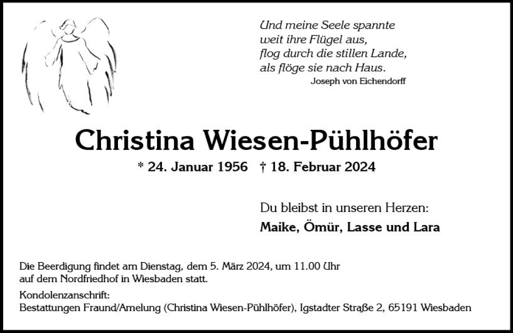  Traueranzeige für Christina Wiesen-Pühlhöfer vom 24.02.2024 aus Wiesbadener Kurier