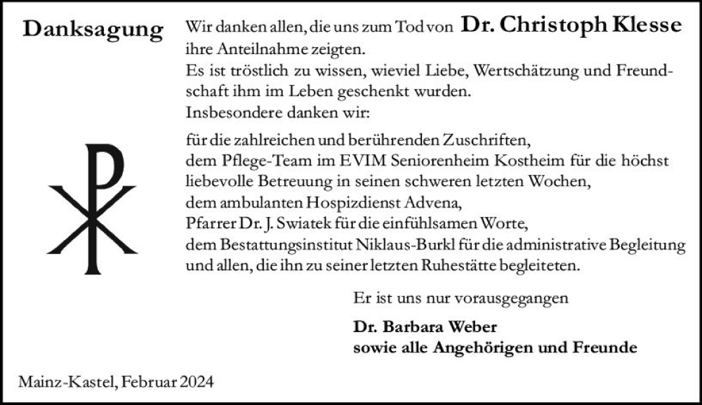  Traueranzeige für Christoph Klesse vom 10.02.2024 aus Allgemeine Zeitung Mainz