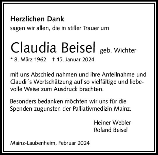 Traueranzeige von Claudia Beisel von Allgemeine Zeitung Mainz