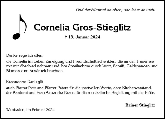 Traueranzeige von Cornelia Gros-Stieglitz von Wiesbadener Kurier