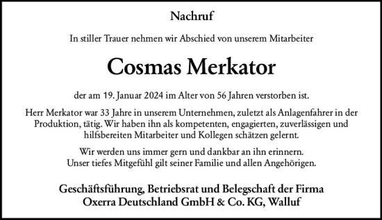 Traueranzeige von Cosmas Merkator von Wiesbadener Kurier