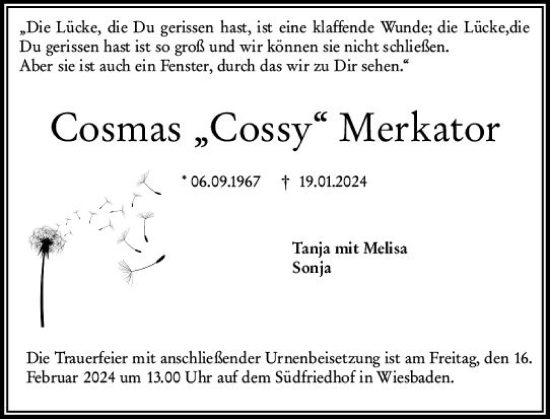 Traueranzeige von Cosmas Merkator von Wiesbadener Kurier