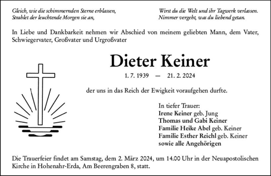 Traueranzeige von Dieter Keiner von Wetzlarer Neue Zeitung