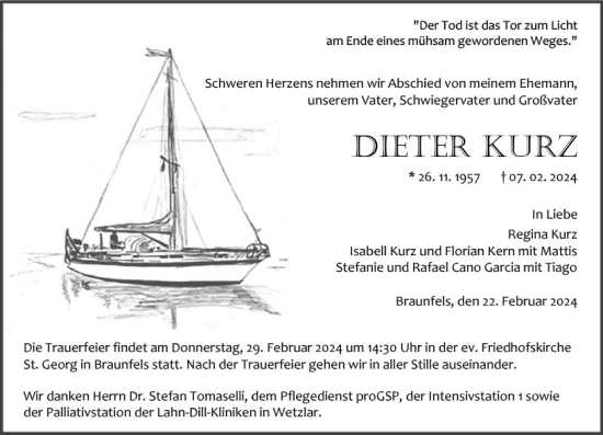 Traueranzeige von Dieter Kurz von Wetzlarer Neue Zeitung