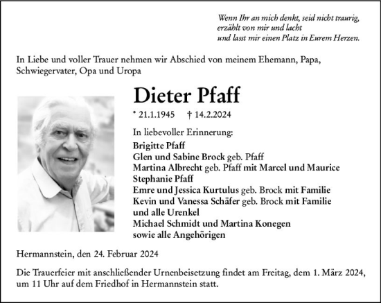 Traueranzeige von Dieter Pfaff von Wetzlarer Neue Zeitung