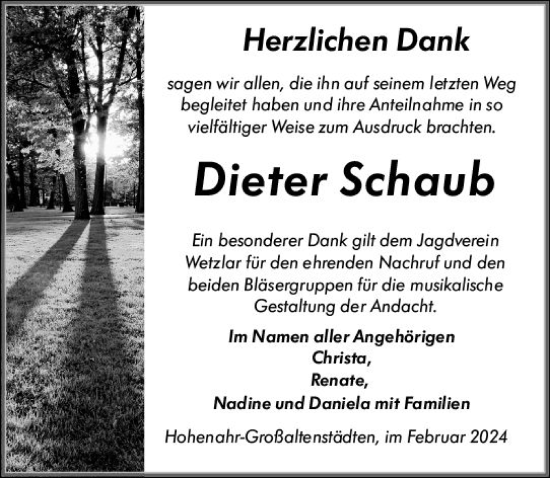 Traueranzeige von Dieter Schaub von Wetzlarer Neue Zeitung