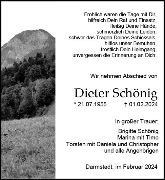 Traueranzeige von Dieter Schönig von Darmstädter Echo