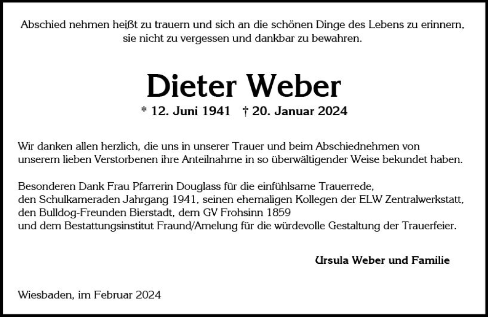  Traueranzeige für Dieter Weber vom 17.02.2024 aus Wiesbadener Kurier