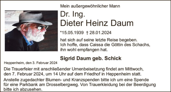 Traueranzeige von Dieter Heinz Daum von Starkenburger Echo
