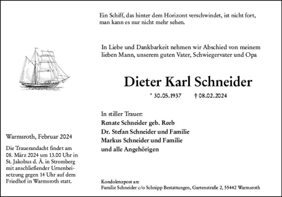 Traueranzeige von Dieter Karl Schneider von Allgemeine Zeitung Bad Kreuznach