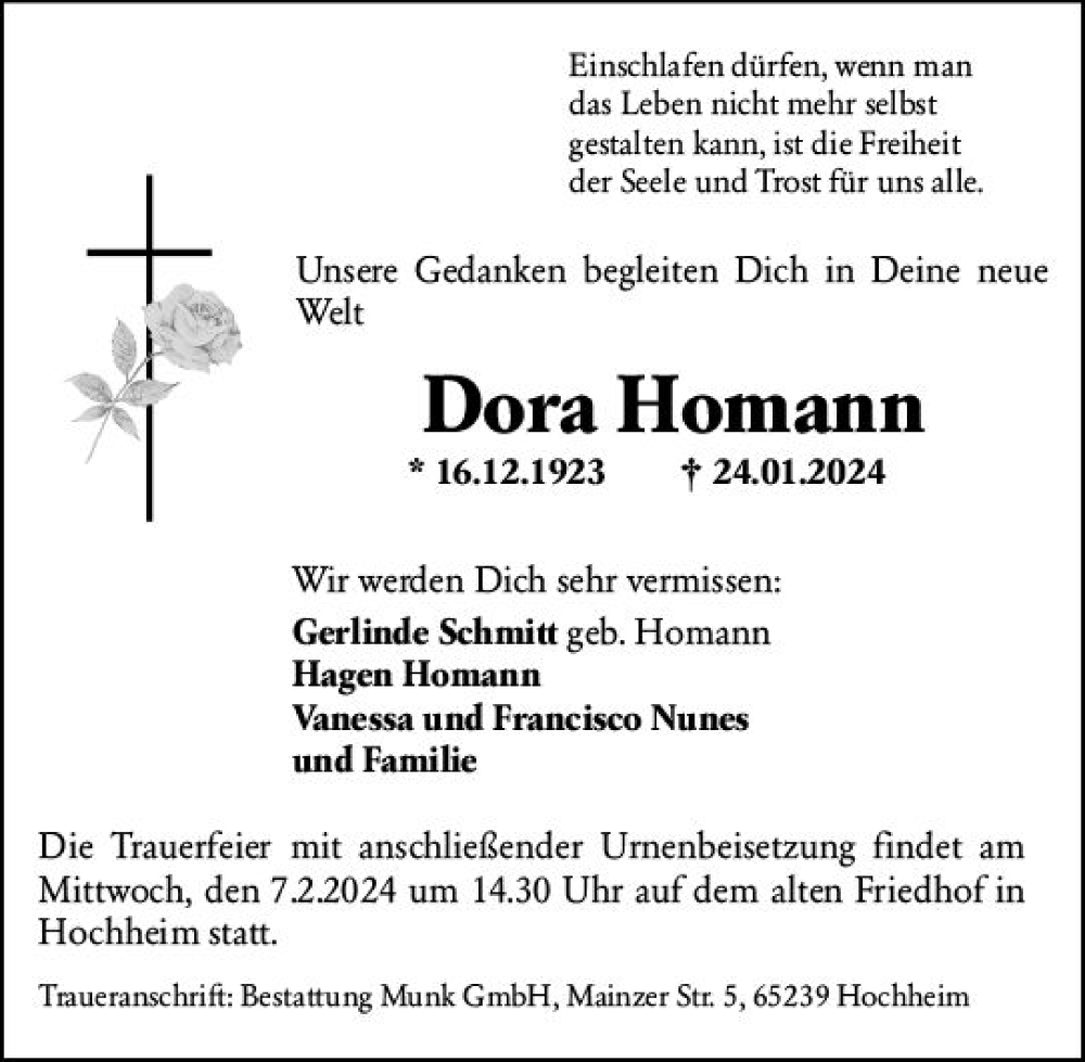  Traueranzeige für Dora Homann vom 02.02.2024 aus Hochheimer Zeitung
