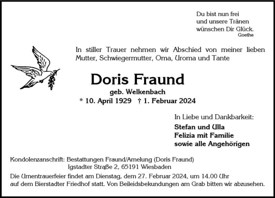 Traueranzeige von Doris Fraund von Wiesbadener Kurier