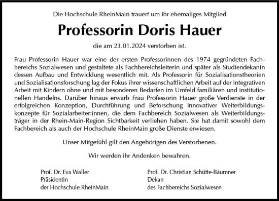 Traueranzeige von Doris Hauer von Wiesbadener Kurier