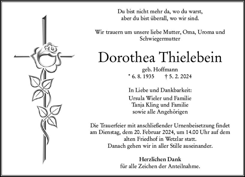  Traueranzeige für Dorothea Thielebein vom 17.02.2024 aus Wetzlarer Neue Zeitung