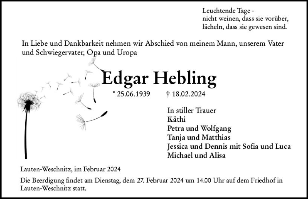  Traueranzeige für Edgar Hebling vom 24.02.2024 aus Starkenburger Echo