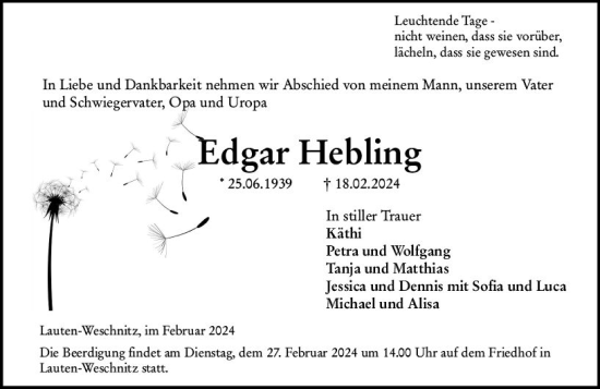 Traueranzeige von Edgar Hebling von Starkenburger Echo