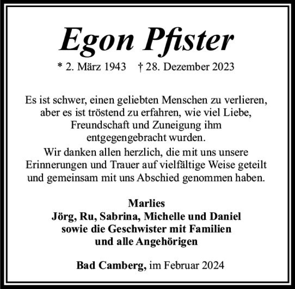  Traueranzeige für Egon Pfister vom 15.02.2024 aus Camberger Anzeiger