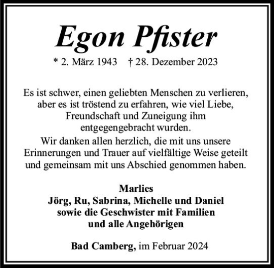 Traueranzeige von Egon Pfister von Camberger Anzeiger