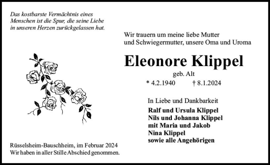 Traueranzeige von Eleonore Klippel von Rüsselsheimer Echo