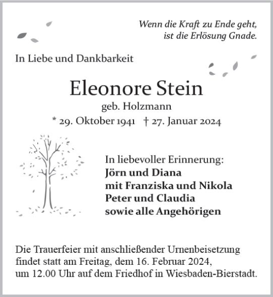 Traueranzeige von Eleonore Stein von Wiesbadener Kurier