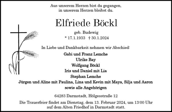 Traueranzeige von Elfriede Böckl von Darmstädter Echo