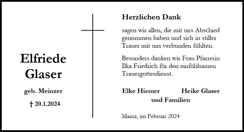  Traueranzeige für Elfriede Glaser vom 10.02.2024 aus Allgemeine Zeitung Mainz