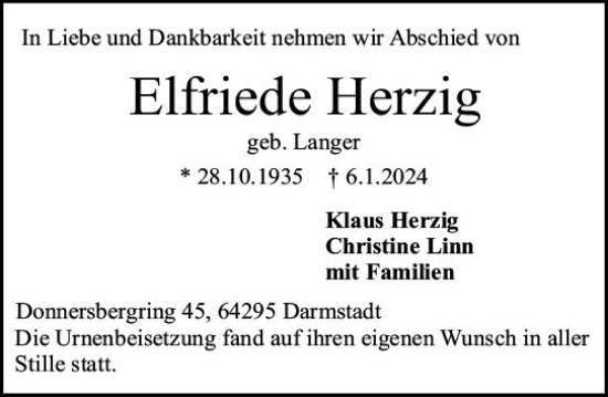Traueranzeige von Elfriede Herzig von Darmstädter Echo