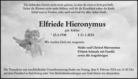 Traueranzeige von Elfriede Hieronymus von Odenwälder Echo