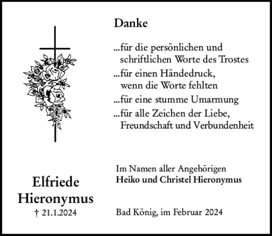 Traueranzeige von Elfriede Hieronymus von Odenwälder Echo