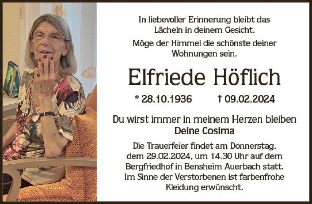  Traueranzeige für Elfriede Höflich vom 24.02.2024 aus Darmstädter Echo
