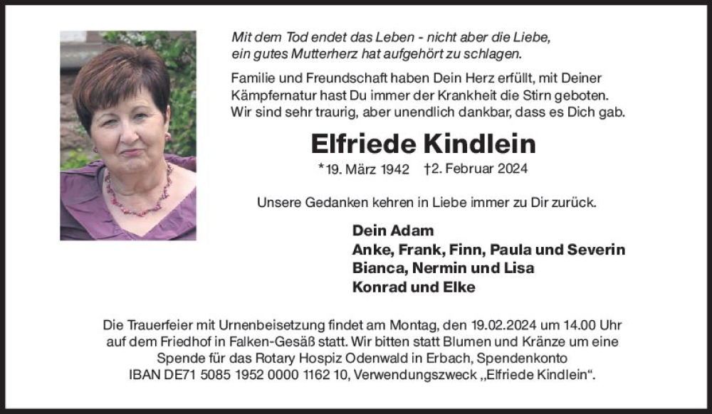 Traueranzeige für Elfriede Kindlein vom 17.02.2024 aus Odenwälder Echo