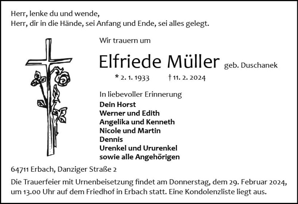  Traueranzeige für Elfriede Müller vom 17.02.2024 aus Odenwälder Echo