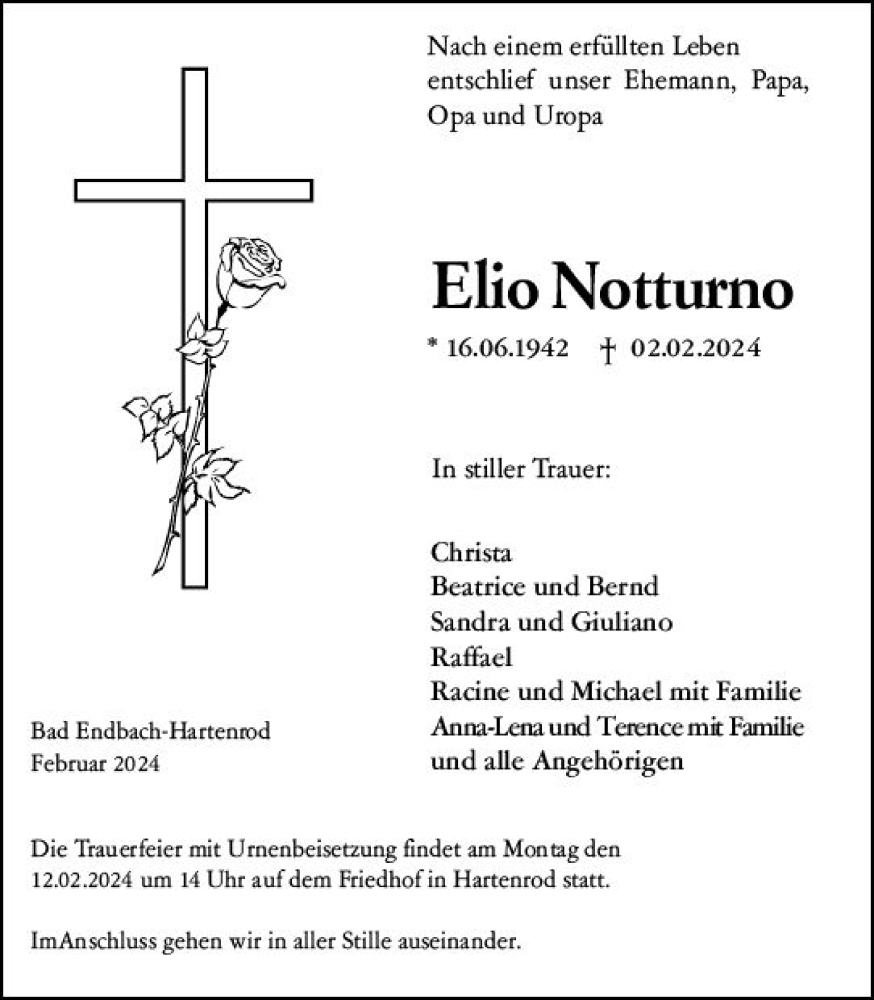  Traueranzeige für Elio Notturno vom 07.02.2024 aus Hinterländer Anzeiger