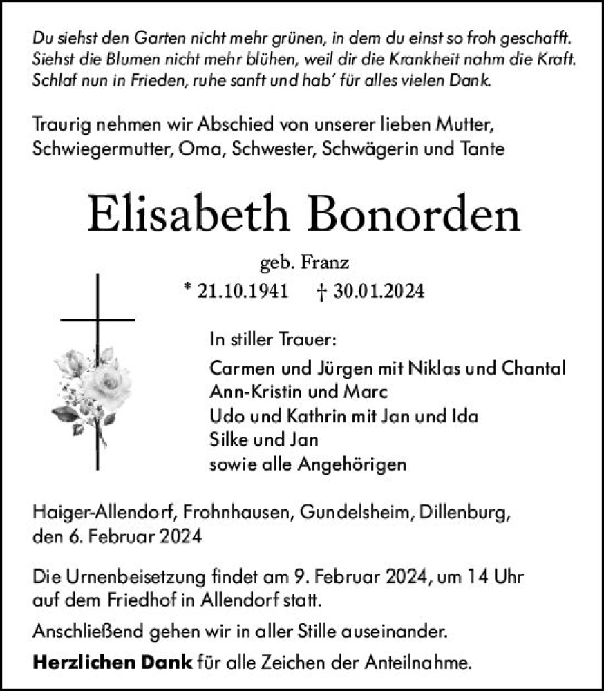 Traueranzeige für Elisabeth Bonorden vom 06.02.2024 aus Dill Block