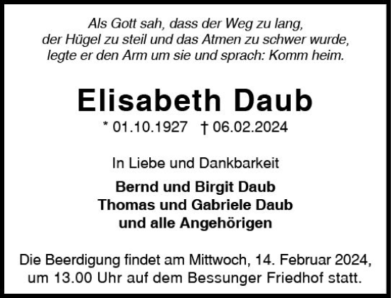 Traueranzeige von Elisabeth Daub von Darmstädter Echo