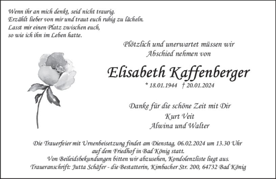 Traueranzeige von Elisabeth Kaffenberger von Odenwälder Echo