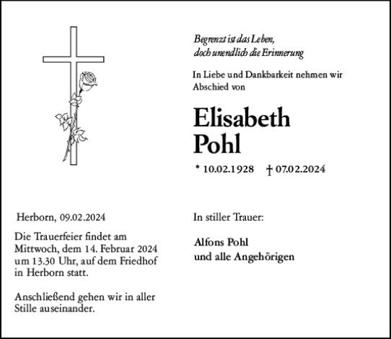 Traueranzeige von Elisabeth Pohl von Dill Block