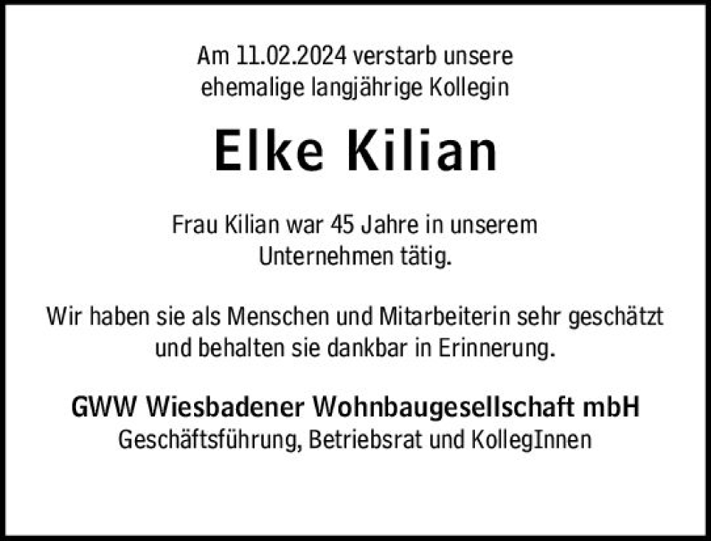  Traueranzeige für Elke Kilian vom 17.02.2024 aus Wiesbadener Kurier