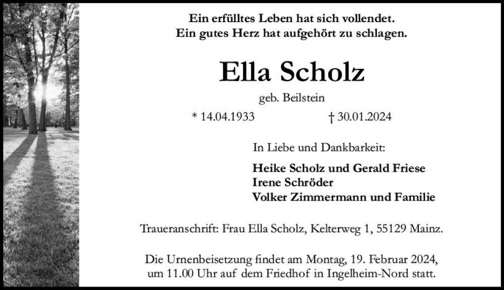  Traueranzeige für Ella Scholz vom 10.02.2024 aus Allgemeine Zeitung Bingen/Ingelheim