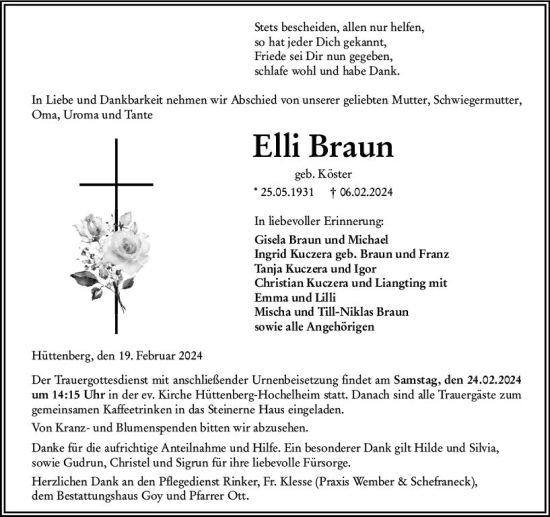 Traueranzeige von Elli Braun von Wetzlarer Neue Zeitung