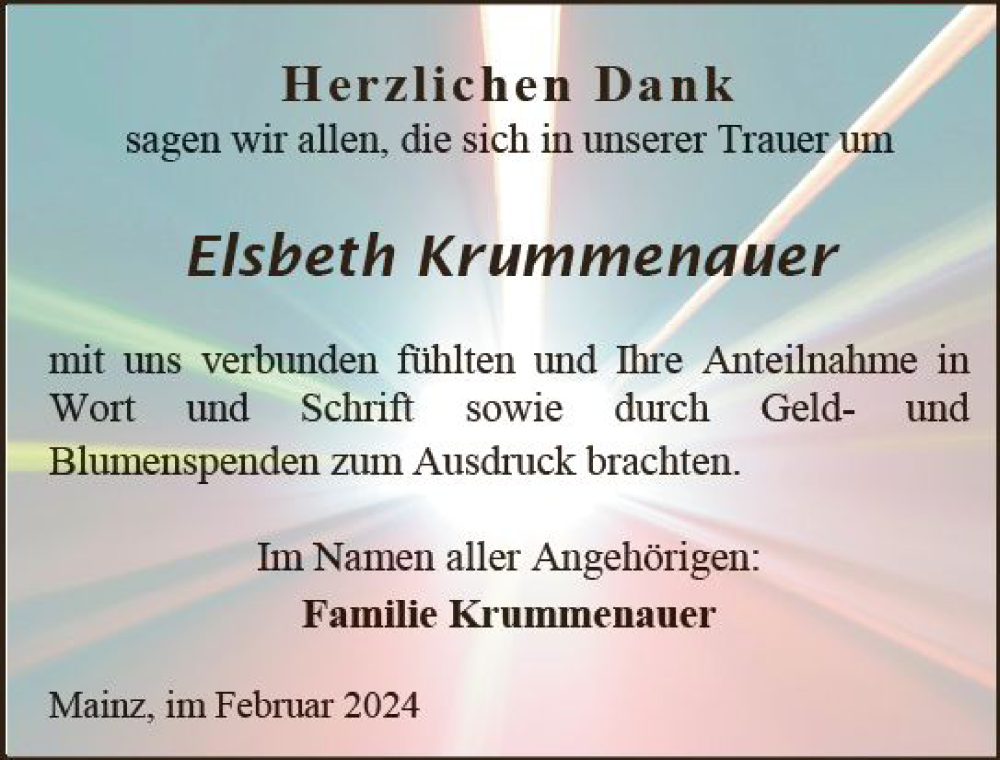  Traueranzeige für Elsbeth Krummenauer vom 03.02.2024 aus Allgemeine Zeitung Mainz
