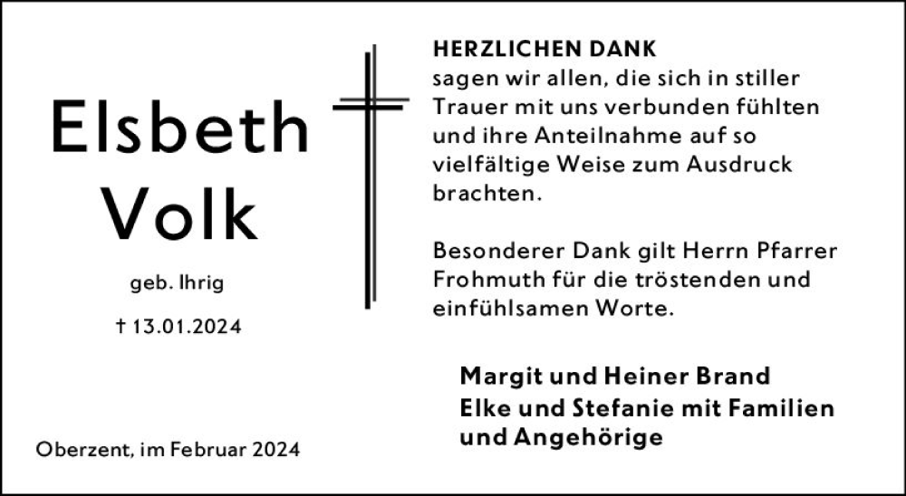  Traueranzeige für Elsbeth Volk vom 17.02.2024 aus Odenwälder Echo
