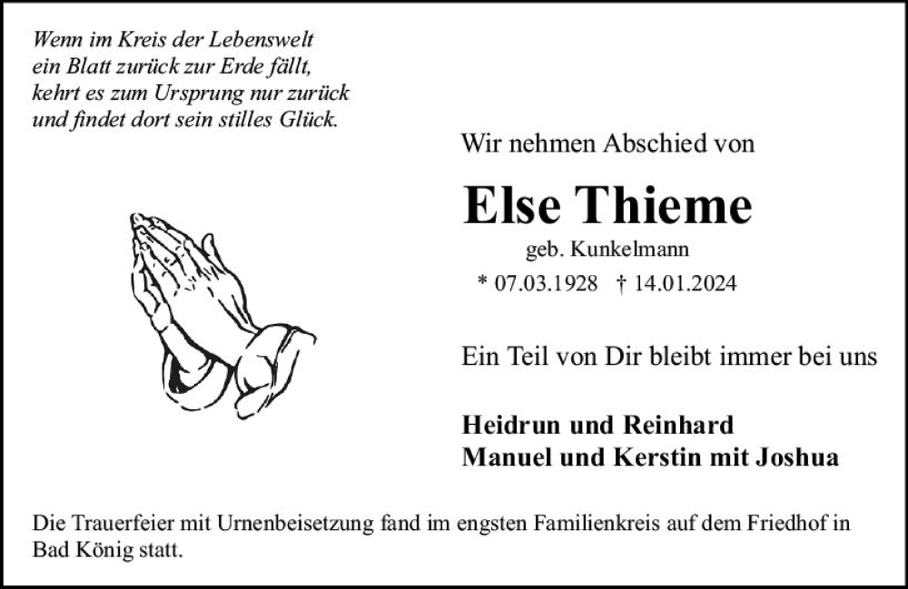  Traueranzeige für Else Thieme vom 03.02.2024 aus Odenwälder Echo