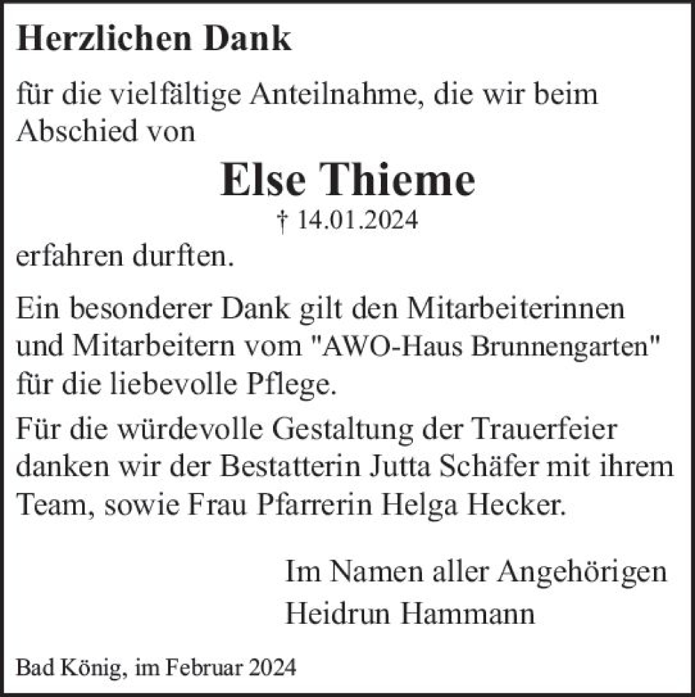  Traueranzeige für Else Thieme vom 24.02.2024 aus Odenwälder Echo