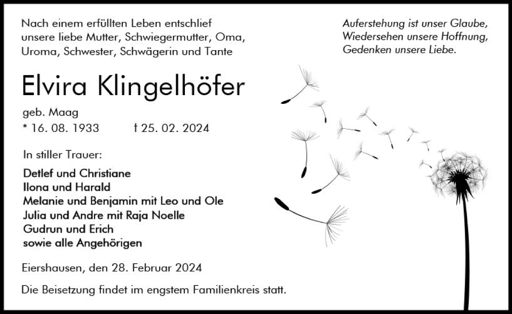  Traueranzeige für Elvira Klingelhöfer vom 28.02.2024 aus Dill Block