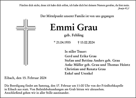 Traueranzeige von Emmi Grau von Dill Block