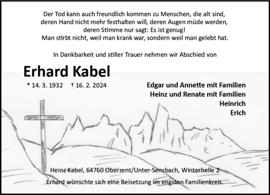 Traueranzeige von Erhard Kabel von Odenwälder Echo