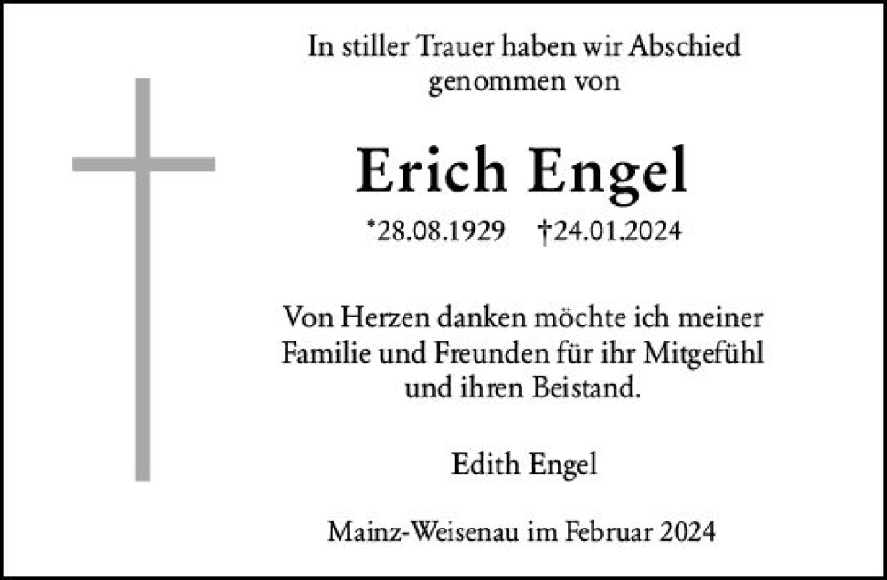  Traueranzeige für Erich Engel vom 10.02.2024 aus Allgemeine Zeitung Mainz
